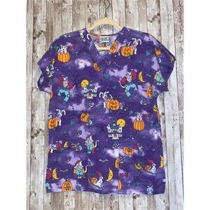 Simply Basic Halloween Purple Pumpkin Dog Cat Scrub Nurse Medical Top Size Small